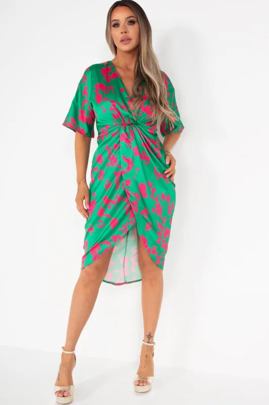 Girl In Mind Siena Green and Pink Satin Wrap Dress sold by Va Va Voom