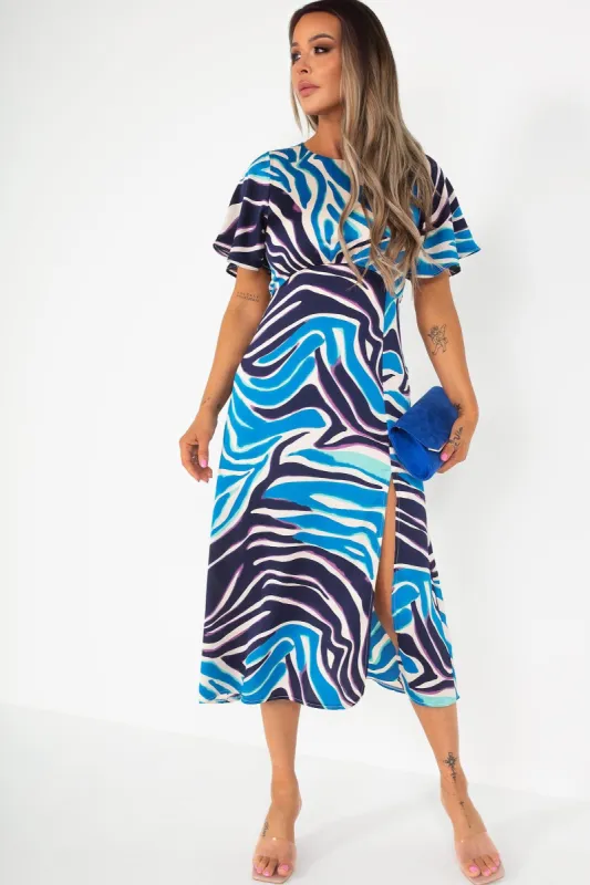 Girl In Mind Serena Blue Satin Printed Dress sold by Va Va Voom