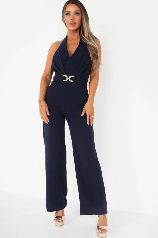 AX Paris Germani Navy Halter Neck Jumpsuit sold by Va Va Voom