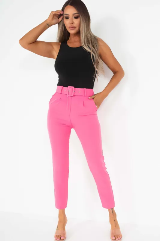 Brinley Pink Belted Cigarette Trousers sold by Va Va Voom