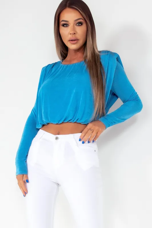 Shannon Blue Padded Shoulder Top sold by Va Va Voom
