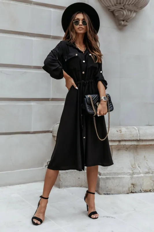 Janis Black Midi Shirt Dress sold by Va Va Voom