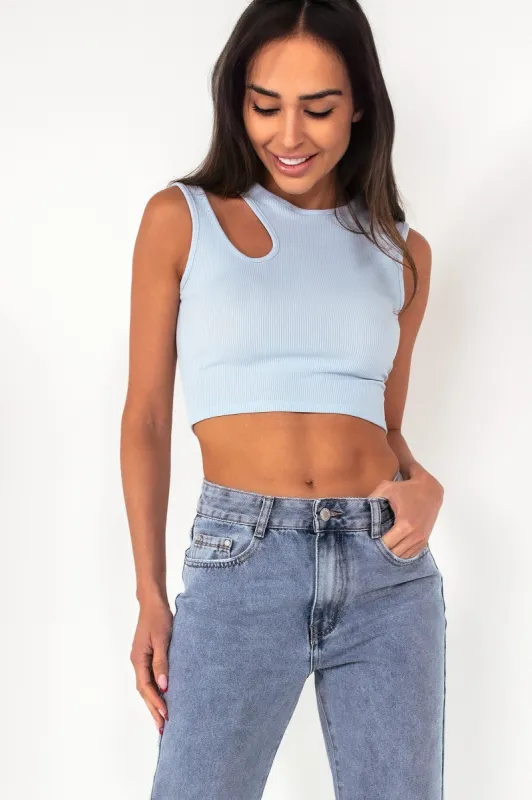 Jemma Baby Blue Cut Out Crop Top sold by Va Va Voom