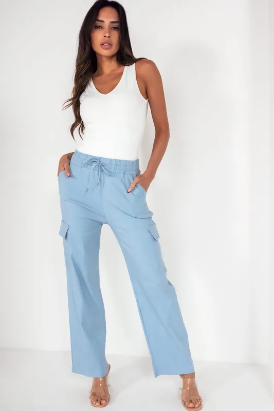 Jessa Blue Wide Leg Cargo Trousers sold by Va Va Voom