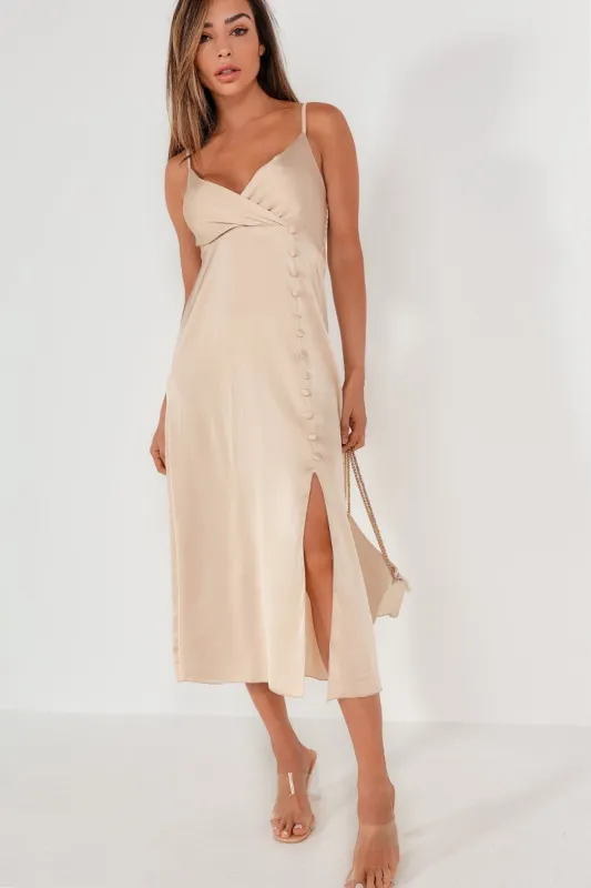 Philina Champagne Satin Midi Dress sold by Va Va Voom
