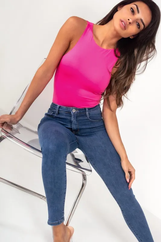 Prim Hot Pink Slinky Sleeveless Bodysuit sold by Va Va Voom
