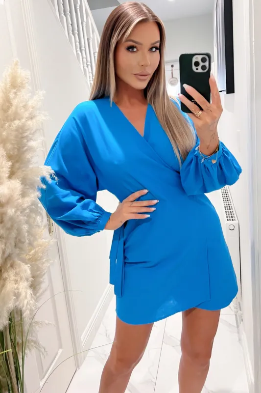 Courtney Blue Linen Wrap Dress sold by Va Va Voom