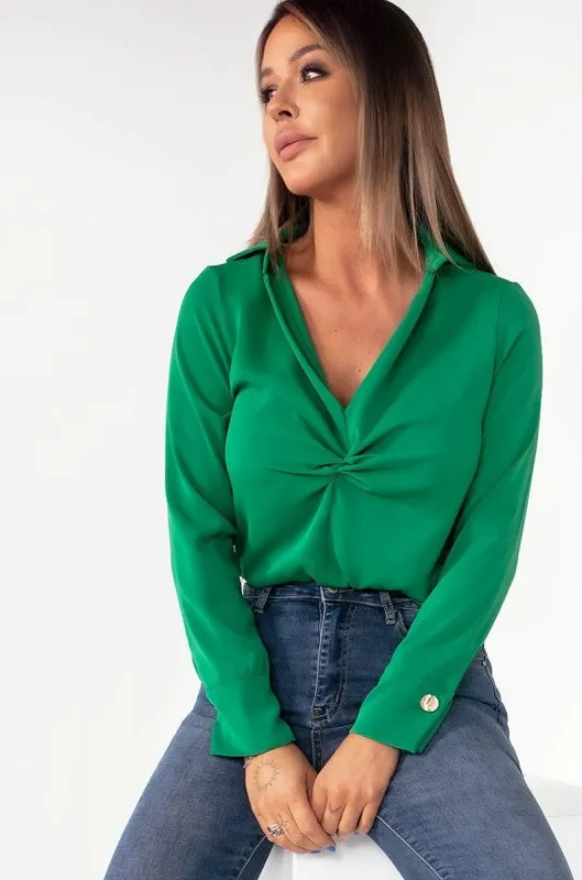 Shania Green Twist Front Blouse sold by Va Va Voom
