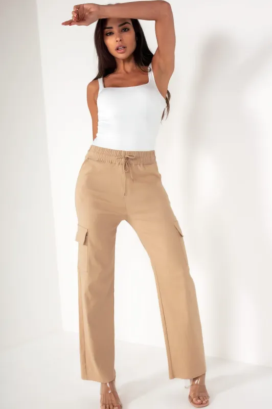Jessa Camel Wide Leg Cargo Trousers sold by Va Va Voom
