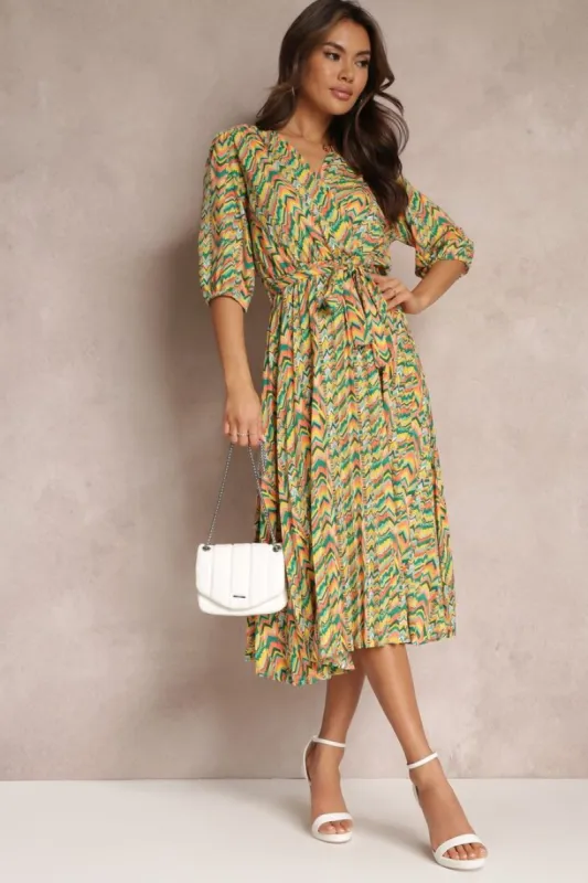 Hester Green Printed Pleated Midi Dress sold by Va Va Voom