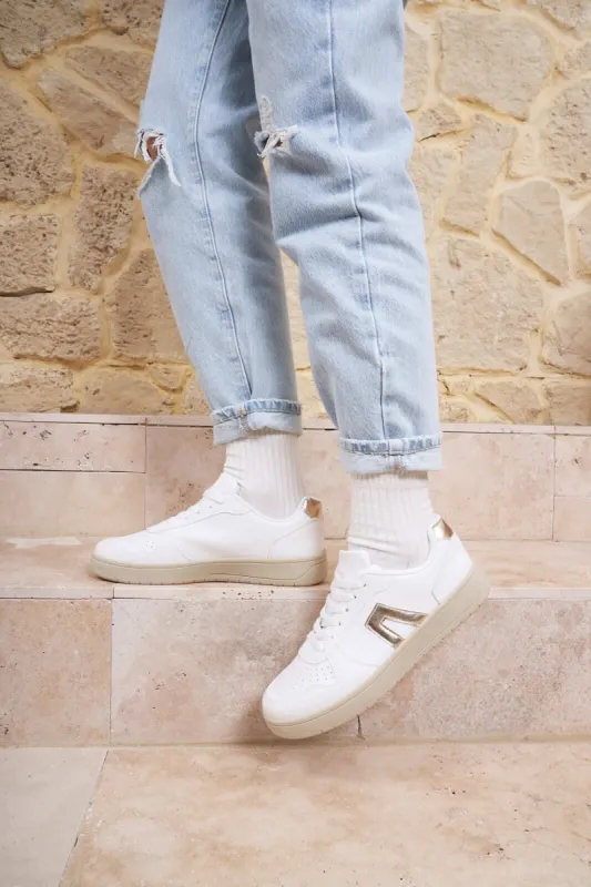 Gabrielle Gold and White Panel Flatform Trainers sold by Va Va Voom