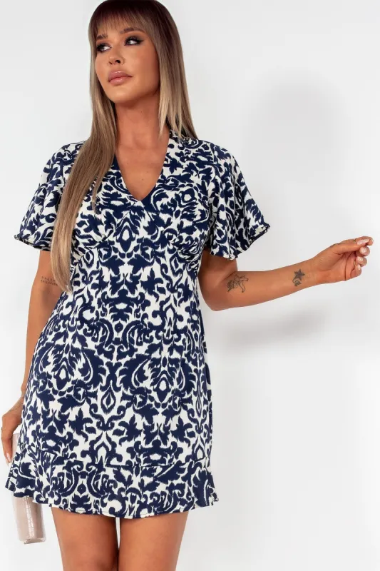 AX Paris Arabella Navy and Cream Printed Dress made by Vavavoom