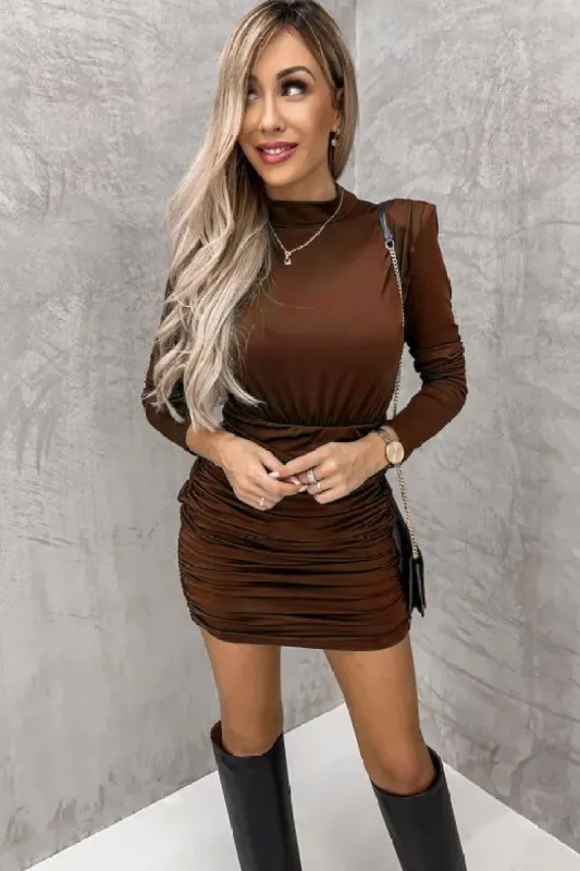 Marlee Brown Ruched Long Sleeve Dress sold by Va Va Voom