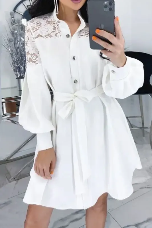 Piper White Lace Belted Shirt Dress sold by Va Va Voom