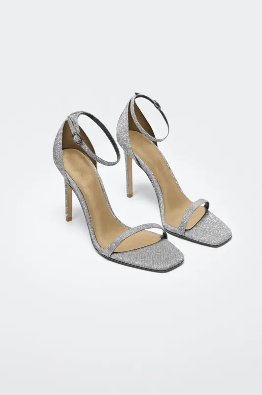 Doris Silver Glitter Barely There Heels sold by Va Va Voom