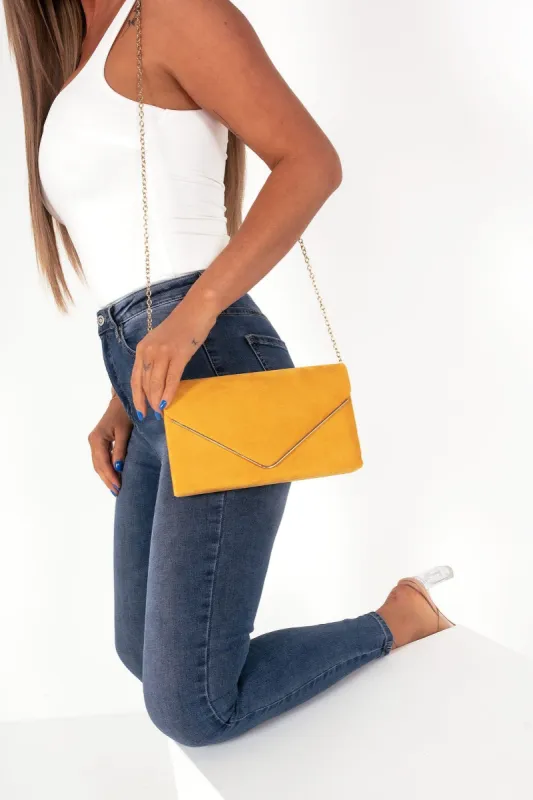 Pamela Mustard Suedette Gold Trim Clutch sold by Va Va Voom