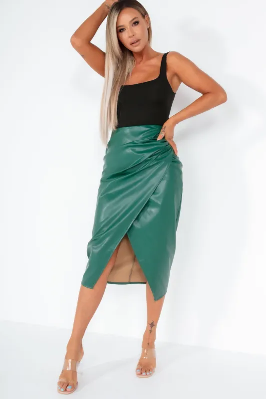 Eliot Green Faux Leather Midi Skirt sold by Va Va Voom