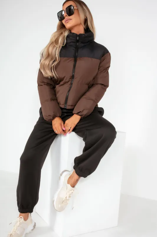 Aliyah Chocolate and Black Puffer Jacket sold by Va Va Voom