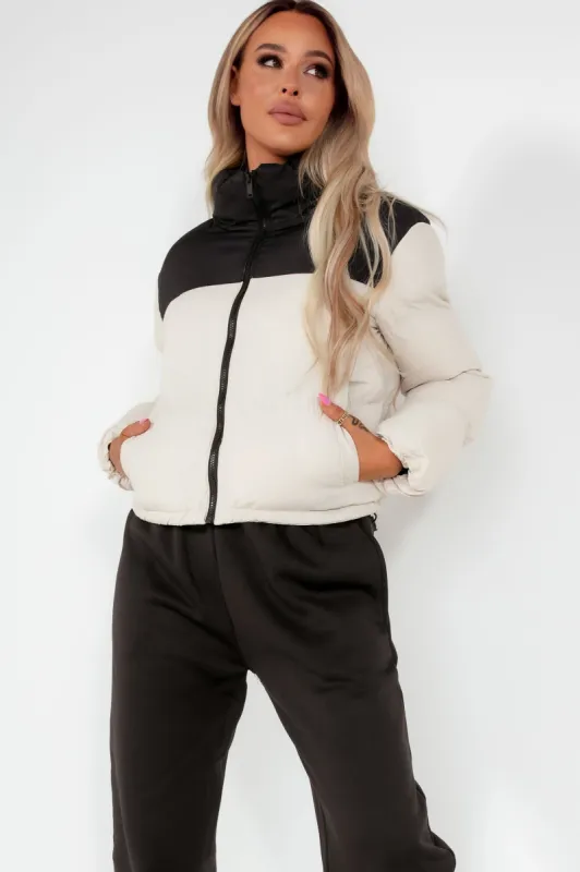 Aliyah Cream and Black Puffer Jacket sold by Va Va Voom