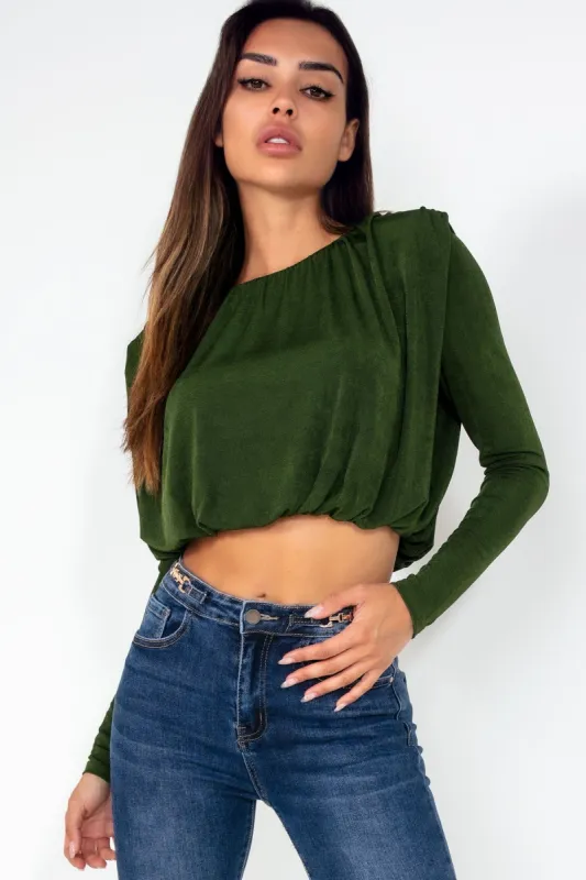 Shannon Green Padded Shoulder Top sold by Va Va Voom