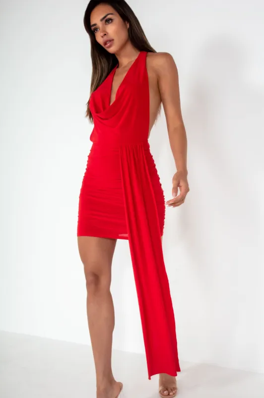 Julia Red Slinky Draped Detail Dress sold by Va Va Voom