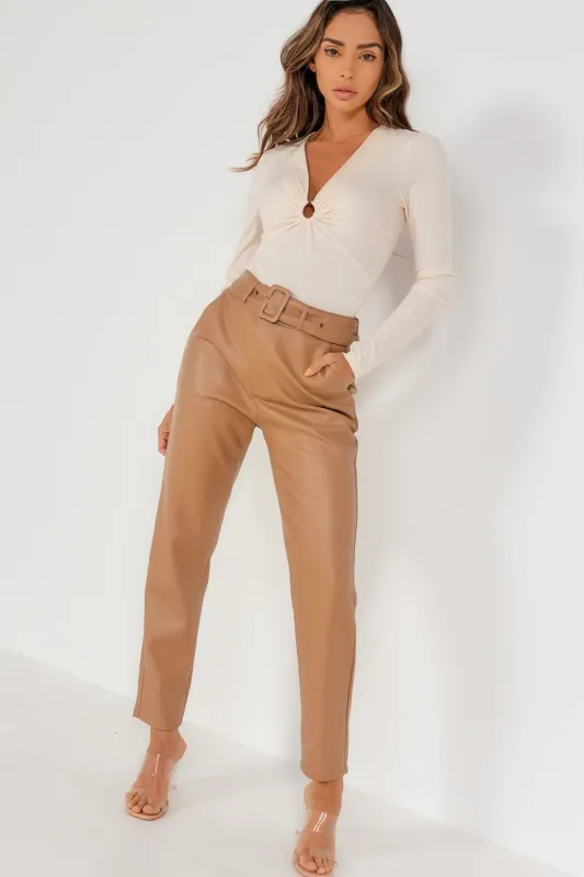 Fallyn Tan Faux Leather Belted Trouser sold by Va Va Voom