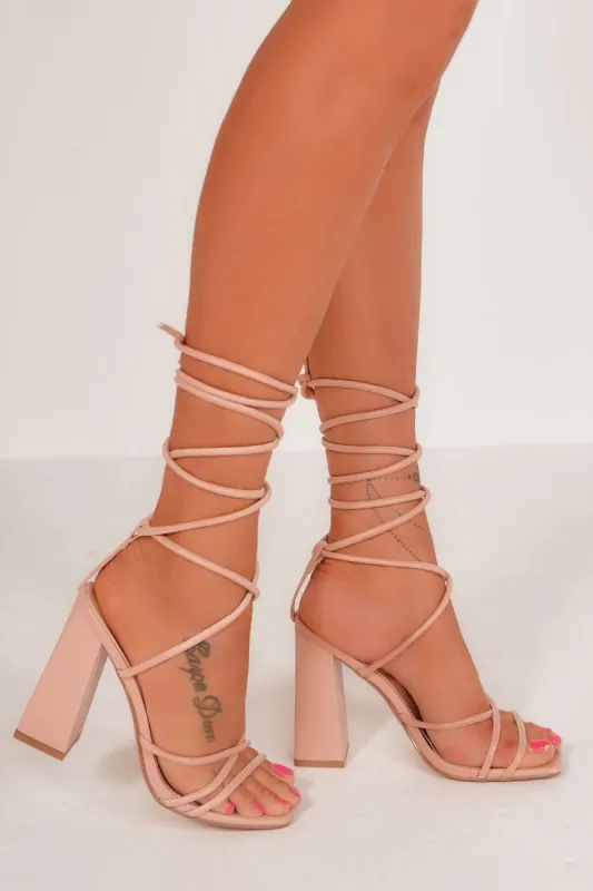 Violette Nude Lace Up Block Heels sold by Va Va Voom
