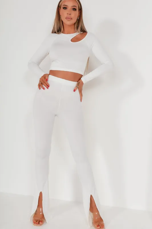 Mavis White Ribbed Split Hem Trousers made by Vavavoom