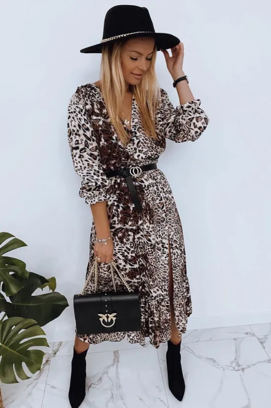 Allie Camel Leopard Print Midi Dress sold by Va Va Voom