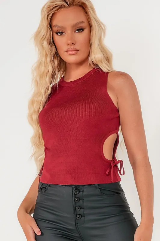 Raylene Wine Knit Cut Out Crop Top sold by Va Va Voom