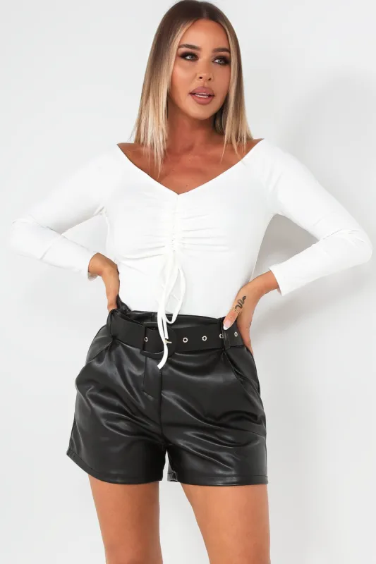 Iris White Ruched Bodysuit sold by Va Va Voom