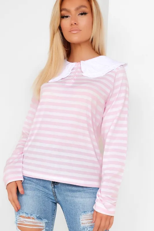 Danika Pink Striped Peter Pan Collar Top sold by Va Va Voom