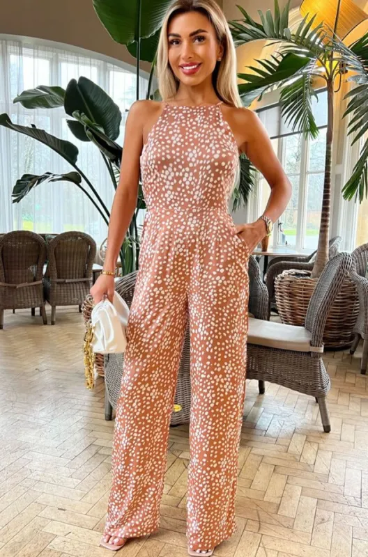 AX Paris Aubrey Mocha Polka Dot Jumpsuit sold by Va Va Voom