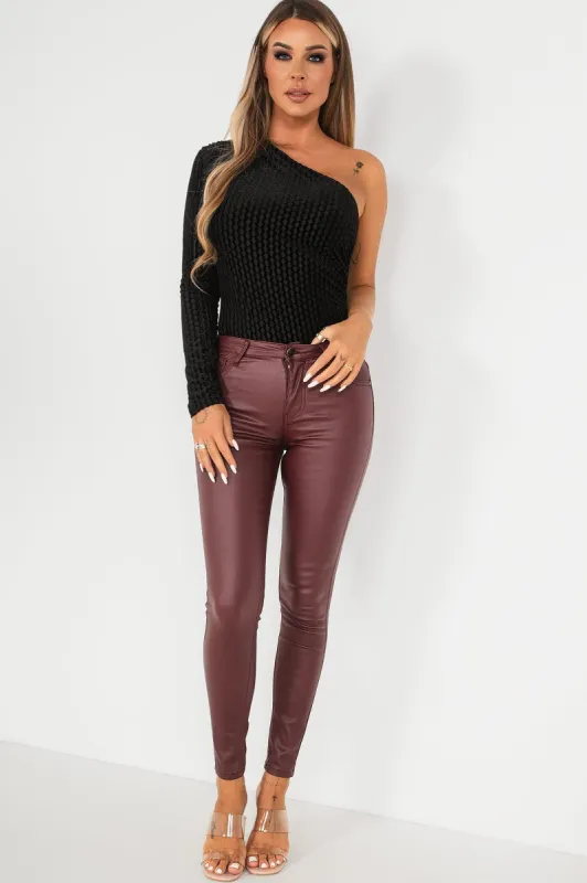 Darina Burgundy Faux Leather Skinny Jeans sold by Va Va Voom