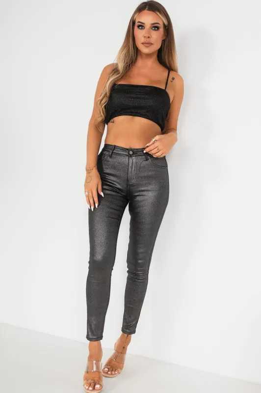 Darina Black Metallic Skinny Jeans sold by Va Va Voom