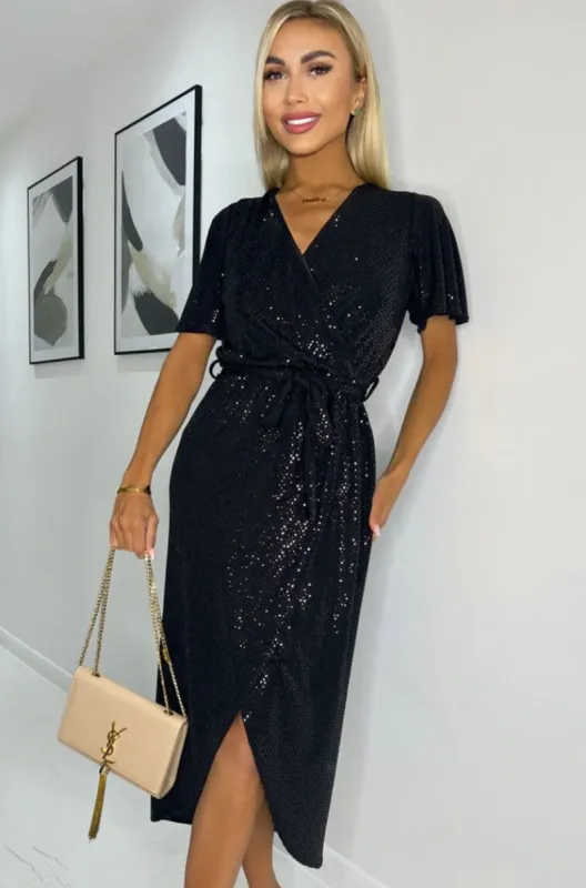 AX Paris Ramona Black Sequin Wrap Dress sold by Va Va Voom