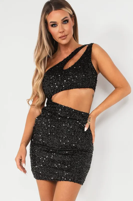 Jade Black Sequin Cut Out Dress sold by Va Va Voom