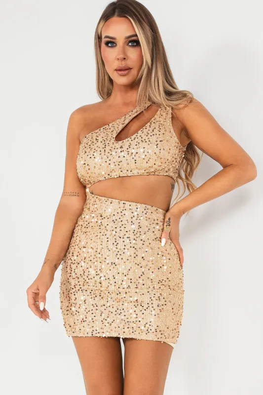 Jade Gold Sequin Cut Out Dress sold by Va Va Voom