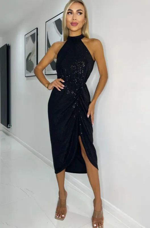 AX Paris Winona Black Sequin Halter Neck Dress sold by Va Va Voom