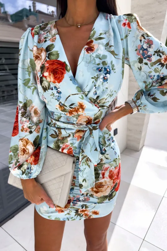 Ariana Blue Rose Print Wrap Dress sold by Va Va Voom