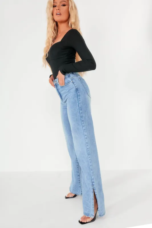 Hailee Blue Wash Split Hem Straight Leg Jeans sold by Va Va Voom