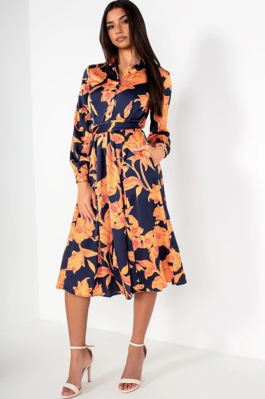 Robin Orange and Navy Satin Floral Dress sold by Va Va Voom