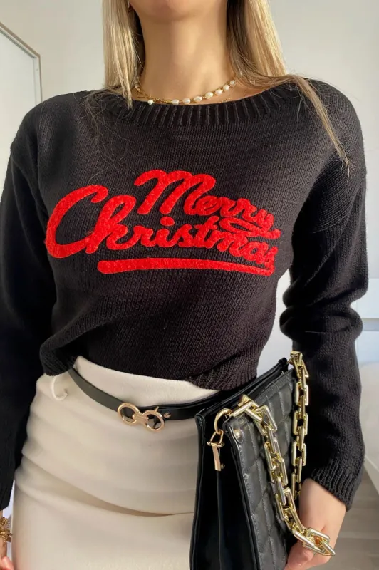 Joy Black Knit Cropped 'Merry Christmas' Jumper sold by Va Va Voom