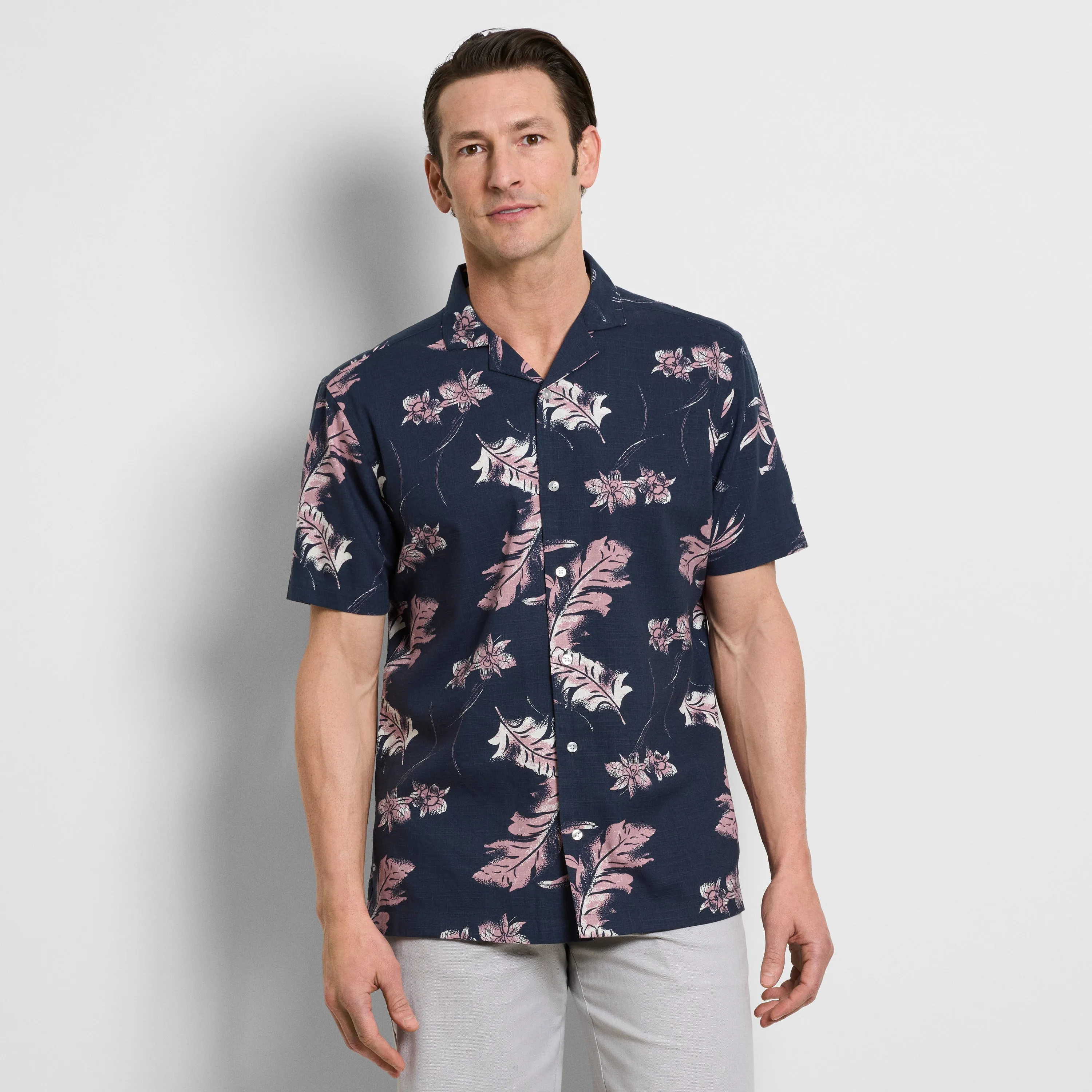 Orchid Print Texture Camp Shirt - Navy sold by Van Heusen