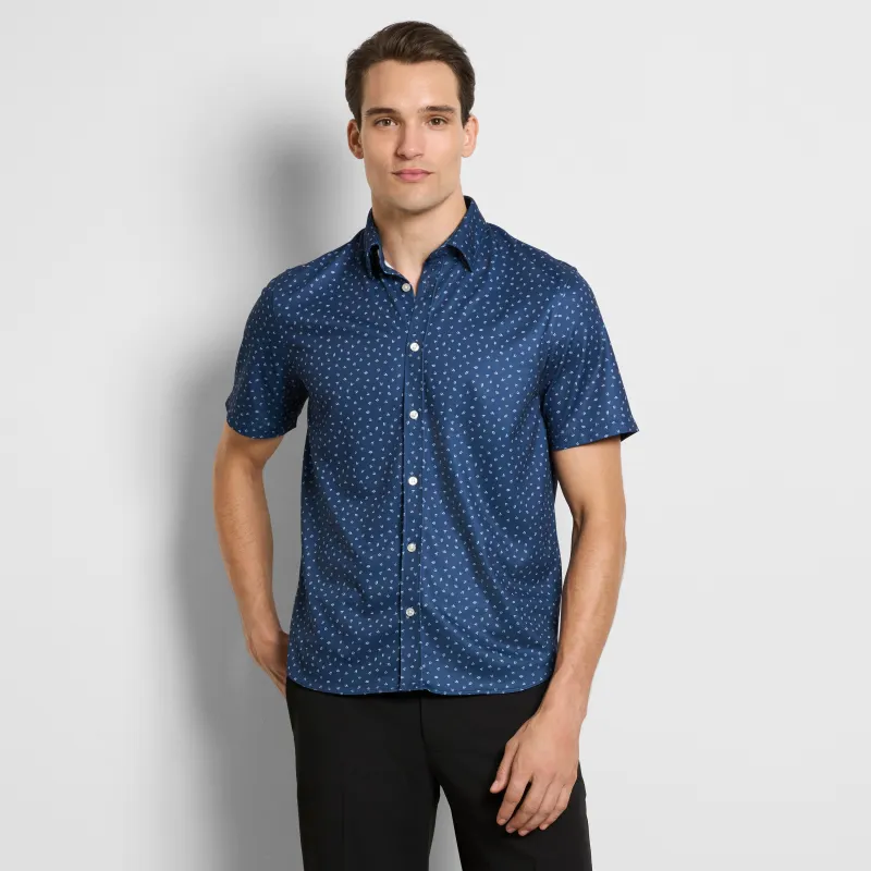 Slim Fit Performance Knit Short Sleeve Leaf Print Button Up Shirt sold by Van Heusen