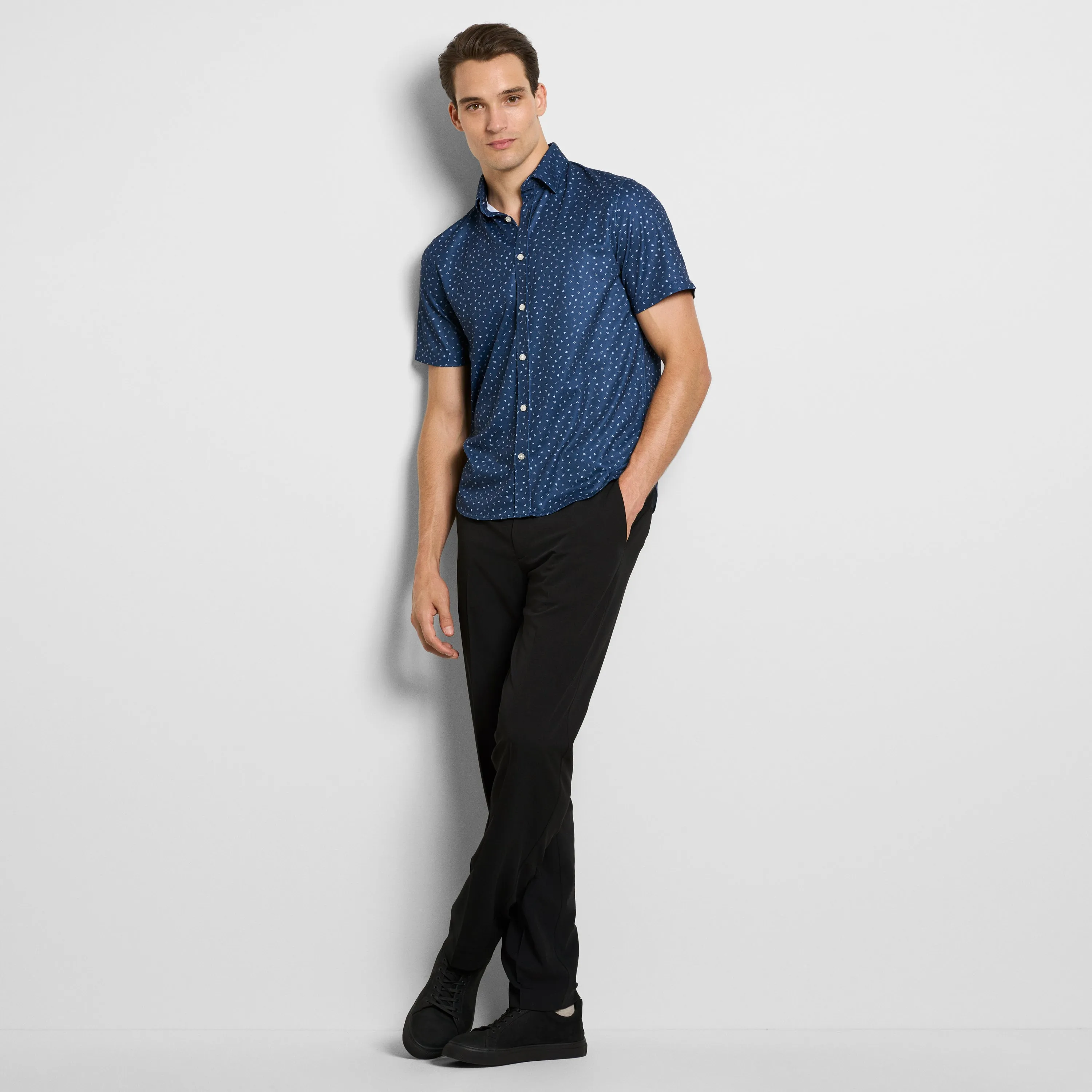 Slim Fit Performance Knit Short Sleeve Leaf Print Button Up Shirt sold by Van Heusen product image thumbnail 2