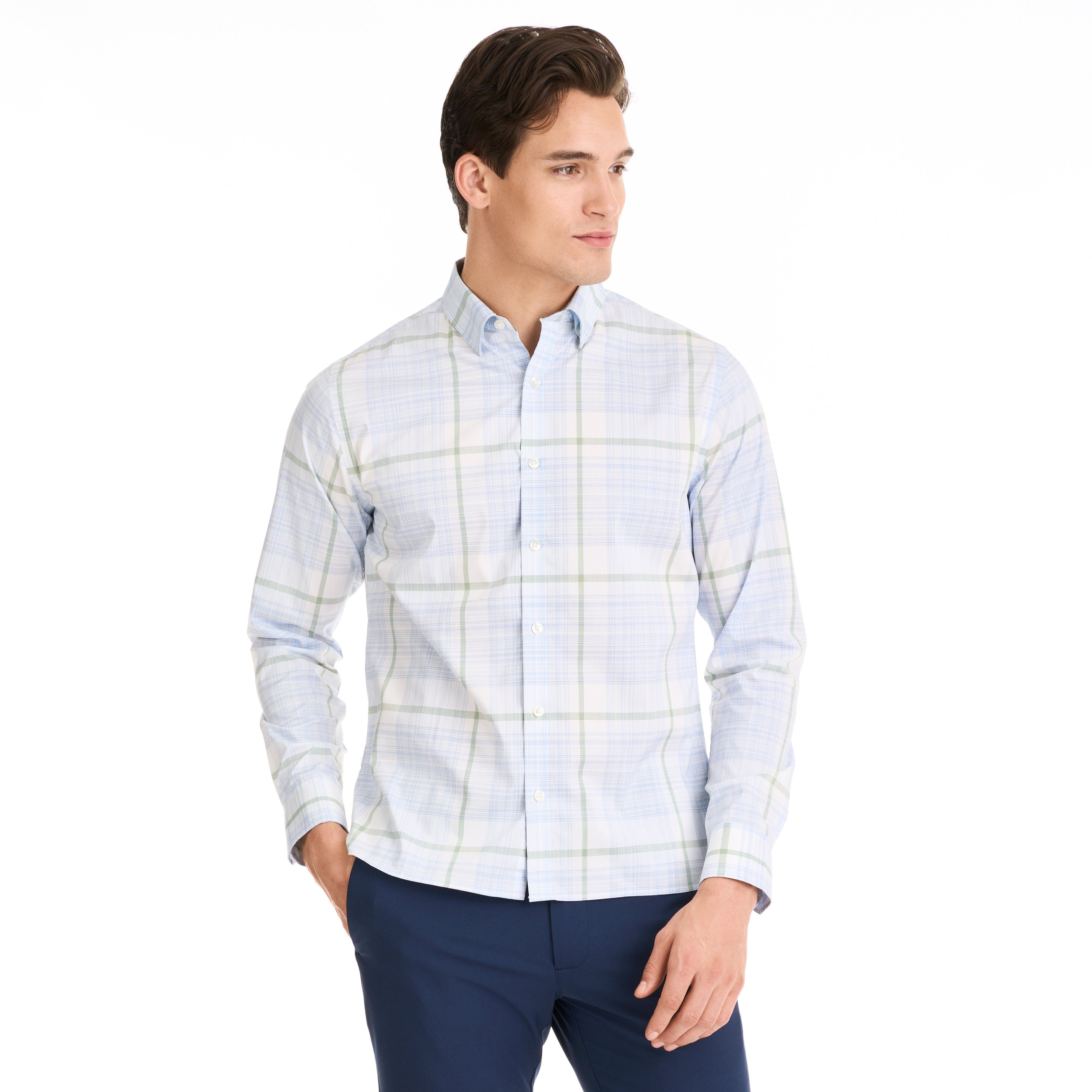 Essential Stain Shield Space Dye Plaid Woven Long Sleeve Shirt - Slim Fit sold by Van Heusen