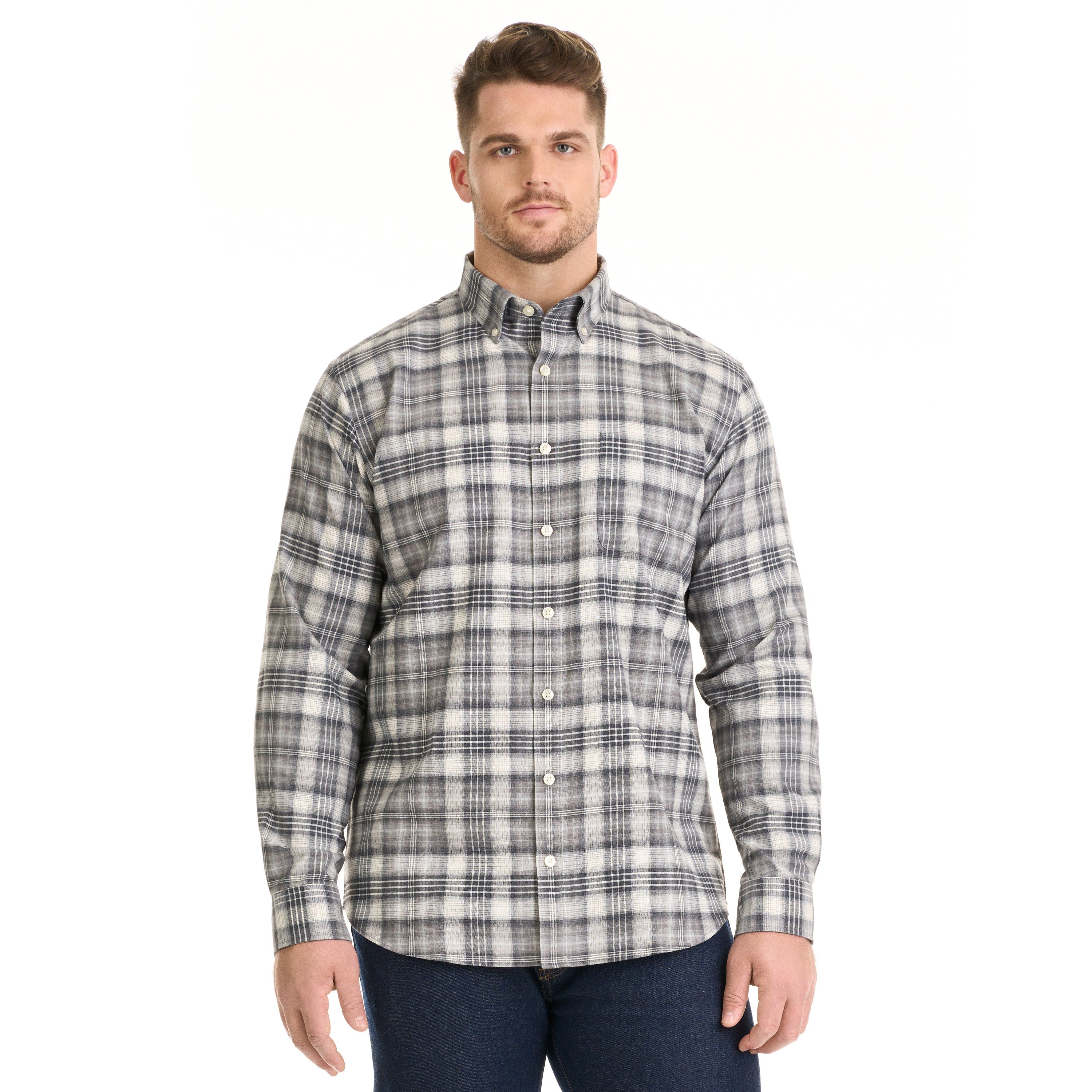 Weekend Twill Ombre Plaid Long Sleeve Button Up Top – Big and Tall sold by Van Heusen
