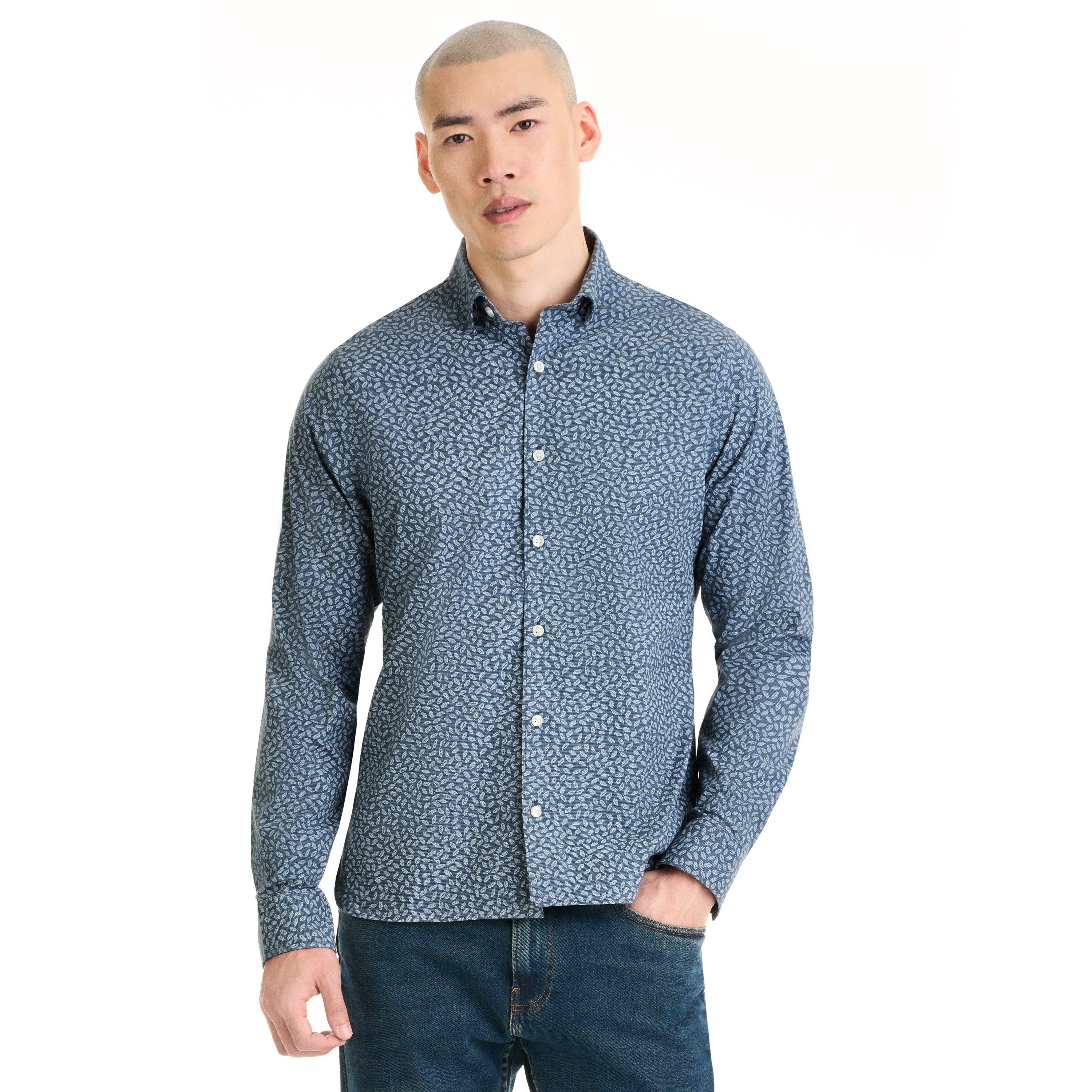 Essential Stain Shield Shirt Long Sleeve Wovens Gingham Leaf Print - Slim Fit sold by Van Heusen