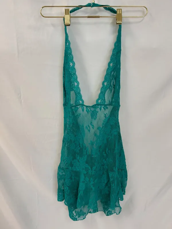Vintage:  Victoria’s Secret Teal Lace Sheer Mini Dress sold by Vanessa Mooney